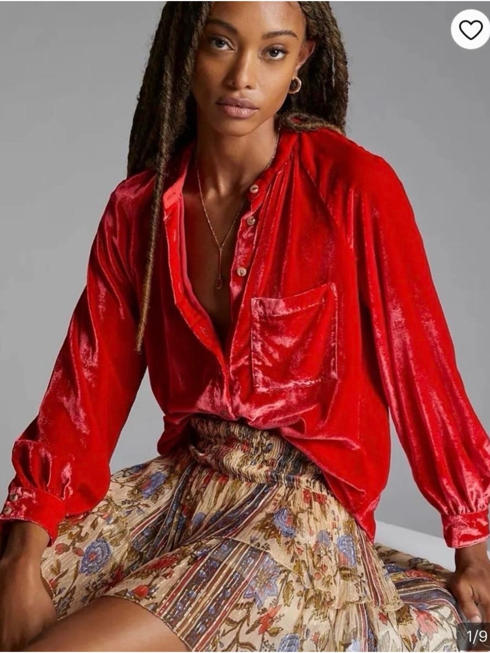 Free People Red Velvet Button-Up Blouse